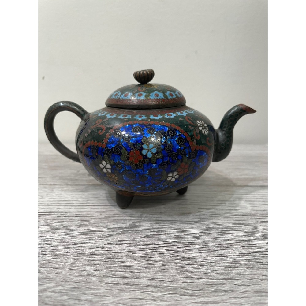 Vintage Miniature Cloisonne‎ Teapot Butterfly Floral Enamel Tripod Decor